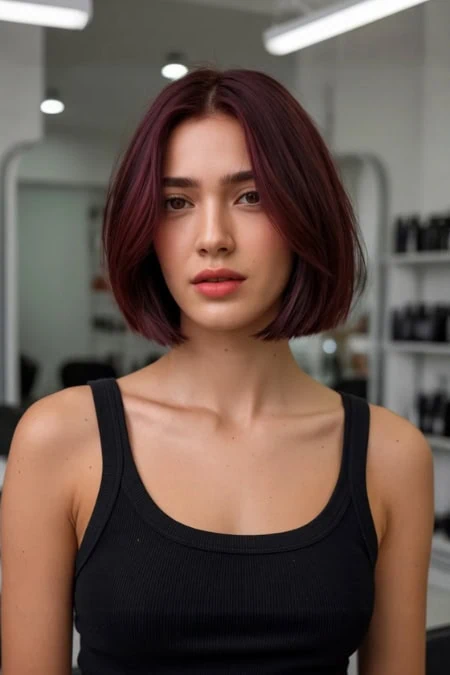 A woman with shoulder-length red cherry cola hair and natural makeup, wearing a black tank top, standing in a modern beauty salon with shelves of hair and skincare products in the background.