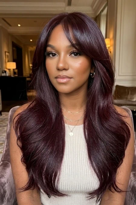 A woman with long, wavy black cherry cola hair and natural makeup, sitting in an elegant, warmly lit interior with classic decor, showcasing beauty, hair styling, and skincare.