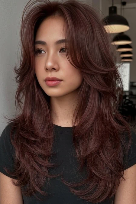 Luxurious layered auburn cherry cola hair with soft waves, styled for a natural, elegant look, perfect for beauty and haircare enthusiasts. Ideal for showcasing hair styling tips and hair color trends.
