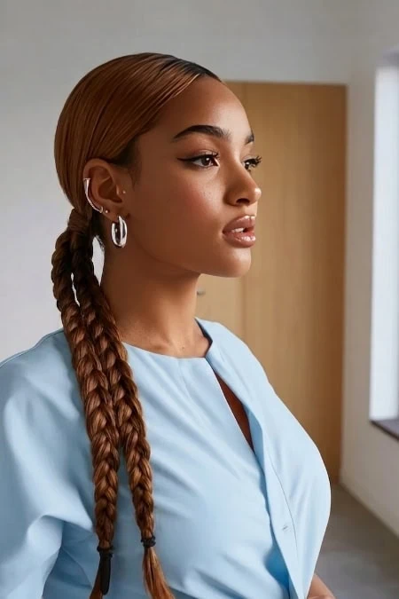 A woman with long, braided slick back hairstyle and hoop earrings, wearing a light blue top, standing in a modern, well-lit room with a neutral background.