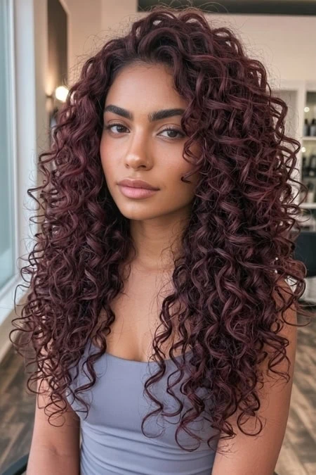 A woman with long, voluminous, curly cherry cola hair color posing indoors, showcasing natural beauty and hair styling. Perfect for beauty, hair care, and styling tips on The Beauty Deep Life website.