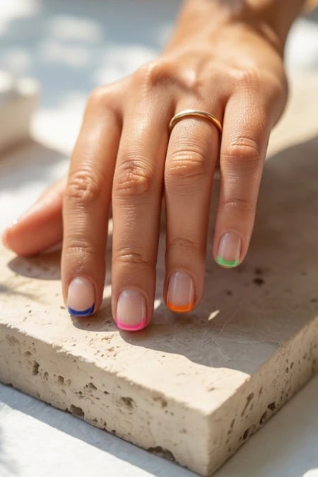 Close-up of a woman's hand with colorful French manicure nails resting on a textured surface, showcasing vibrant nail art and a gold ring on the finger.