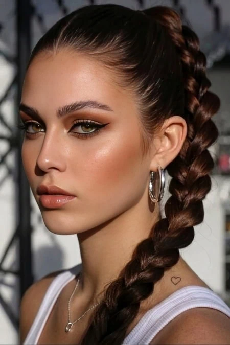 Close-up of a young woman with flawless makeup, braided hair, and hoop earrings, showcasing beauty and skincare, outdoors with a blurred background.
