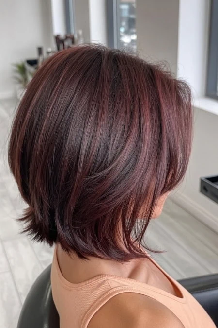 A lush, layered bob hairstyle with rich, multi-dimensional cherry cola and brunette hair color, styled with soft waves for a modern, sophisticated look. Perfect for a fresh, stylish appearance.