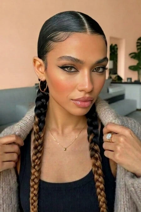 Elegant woman with braided slick back hair, wearing hoop earrings and a delicate necklace, posing indoors with a confident expression, showcasing beauty and skincare focus for The Beauty Deep Life.