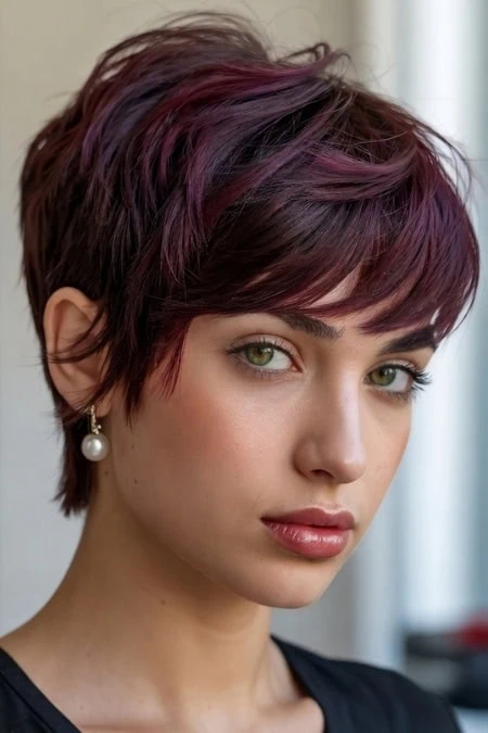 A vibrant short hairstyle featuring layered, textured hair with a rich cherry cola color and subtle purple highlights, styled for a modern, edgy look.