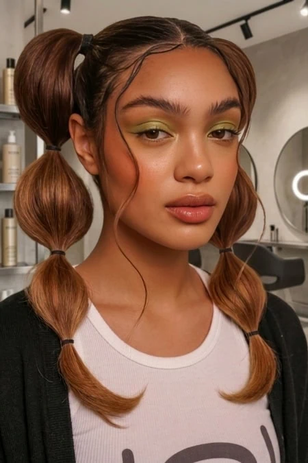 A woman with styled hair and vibrant green eye makeup in a modern salon setting, showcasing beauty and makeup artistry.