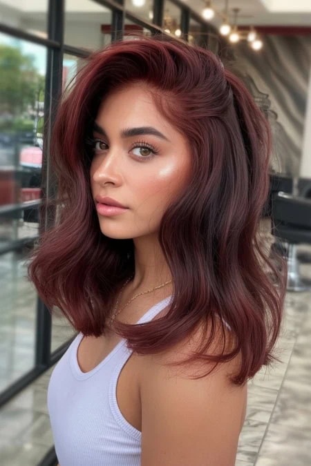 A woman with shoulder-length, wavy burgundy cherry cola hair color, wearing a white tank top, in a modern indoor setting with large windows and warm lighting. Perfect for beauty, hair, and fashion content.
