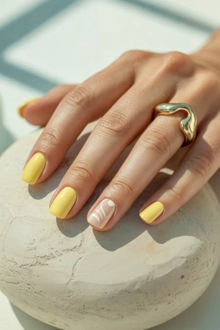 Close-up of a woman's hand with a short nail deisgn and yellow nail polish and a gold statement ring, resting on a textured white surface with soft shadows.