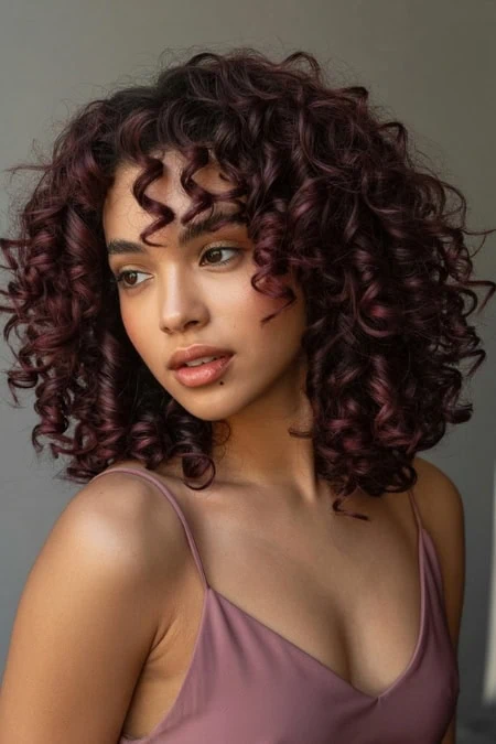 A woman with voluminous, curly burgundy cherry color hair color hair wearing a mauve spaghetti strap top, posing against a neutral background.