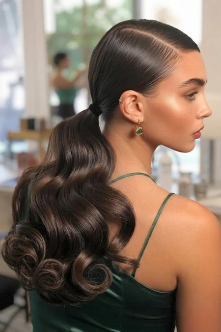 Beautiful woman with long, glossy, wavy brown hair styled in elegant slick back hairstyle with curls, wearing a dark green satin dress and gold earrings, in a bright, modern salon setting.