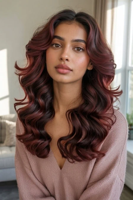 A woman with long, wavy, burgundy cherry cola hair color and natural makeup, sitting indoors in a cozy, well-lit room with large windows and neutral decor, showcasing hair styling and beauty.