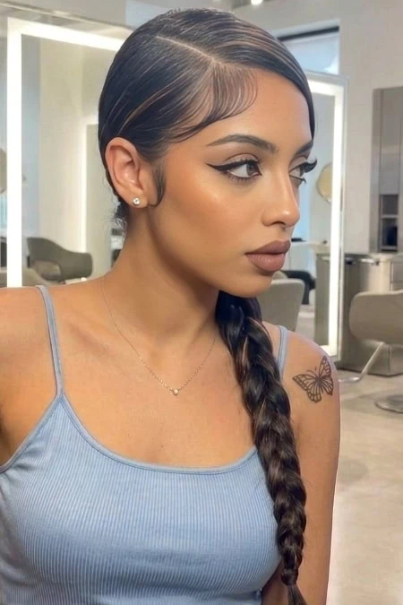 A woman with sleek, dark hair styled in a side braid, wearing a light blue tank top and small pearl earrings, sitting in a modern salon with a butterfly tattoo on her shoulder.