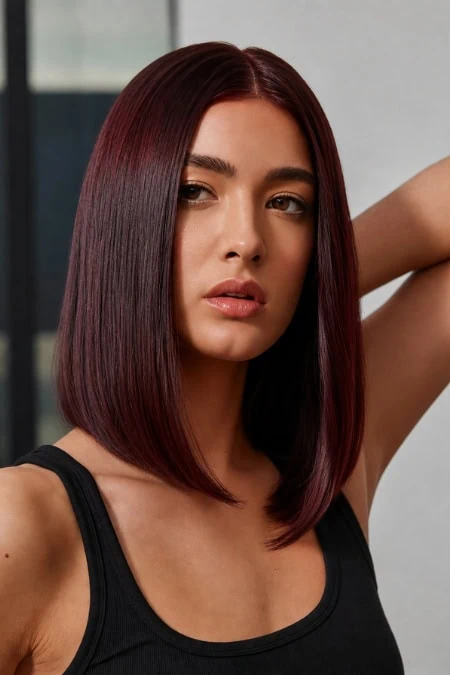 A beautiful woman with sleek, straight, deep cherry cola hair color posing indoors, showcasing modern hair styling and hair color for a beauty and haircare website.