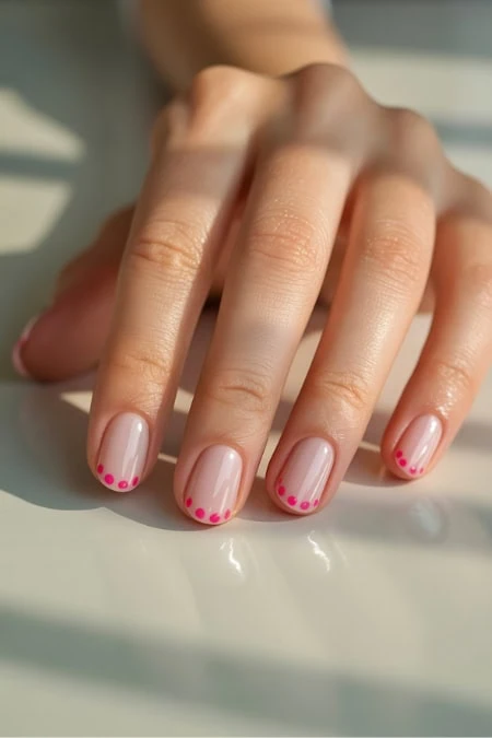 Close-up of a hand with manicure featuring pink dots on a nude base, showcasing elegant nail art and well-groomed fingers.