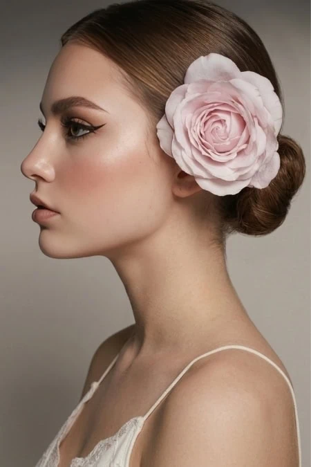 A woman with flawless makeup and a large pink rose in her slick back bun hairstyle, showcasing elegant beauty and skincare. Perfect for beauty, makeup, and skincare themes, emphasizing natural elegance and floral accents.
