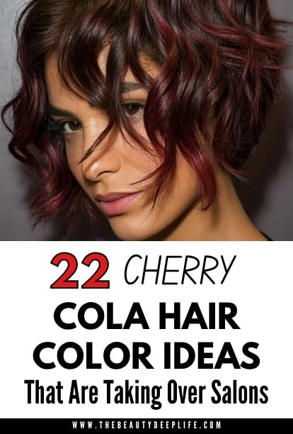 Trendy woman with cherry COLA HAIR color, wavy, layered hair styled in a modern, voluminous bob, showcasing vibrant hair color ideas for salon inspiration.