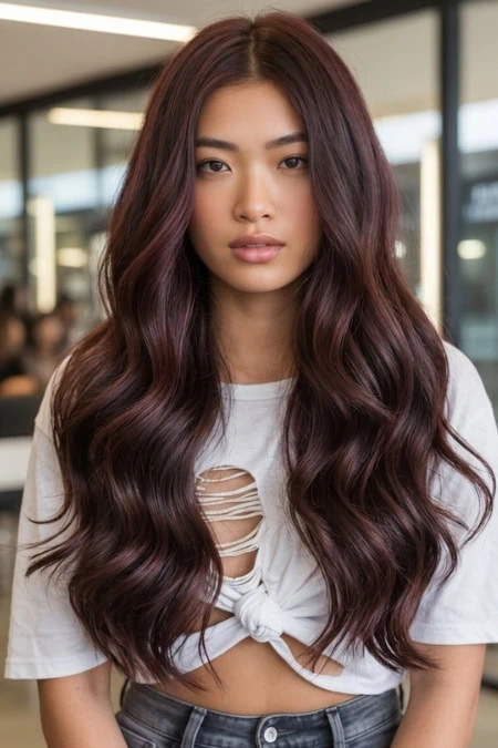 Beautiful young woman with long, wavy, dark cherry cola color hair, wearing a casual white t-shirt with a knot and distressed details, standing in a modern indoor setting with large windows and natural light.