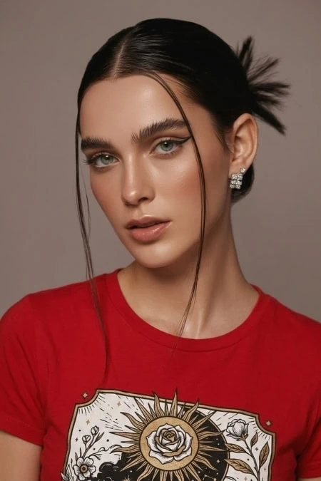 Elegant young woman with flawless makeup and sleek dark slick back spikey bun hairstyle in a low bun, wearing a vibrant red T-shirt with a detailed floral and sunburst graphic, posing against a neutral background for bea.