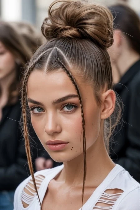A woman with a high, voluminous bun hairstyle featuring braided accents, wearing a white distressed top, at a fashion or beauty event with blurred background of other attendees.