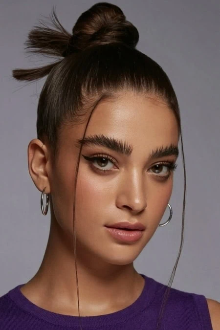 A woman with styled hair in a high bun, wearing hoop earrings and a purple top, showcasing natural makeup and clear skin, against a neutral background.
