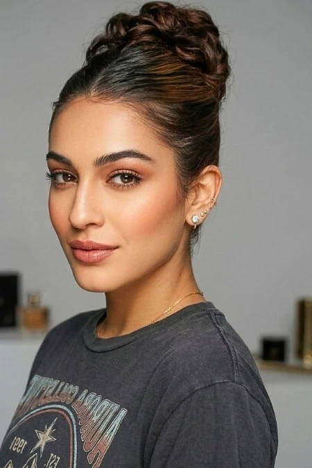 A woman with styled brown hair in a slick back high bun hairstyle, wearing subtle makeup and a casual dark gray T-shirt, posing indoors with a blurred background of shelves and decor.
