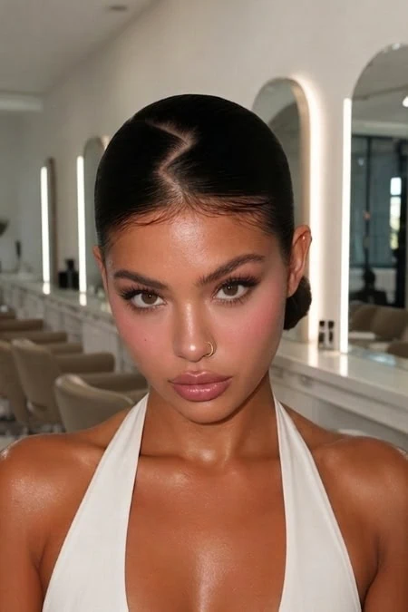 A woman with sleek, shiny black slick back hairstyle in a low bun, wearing a white halter top, in a modern, well-lit salon with large mirrors and neutral decor, showcasing beauty and hair styling.