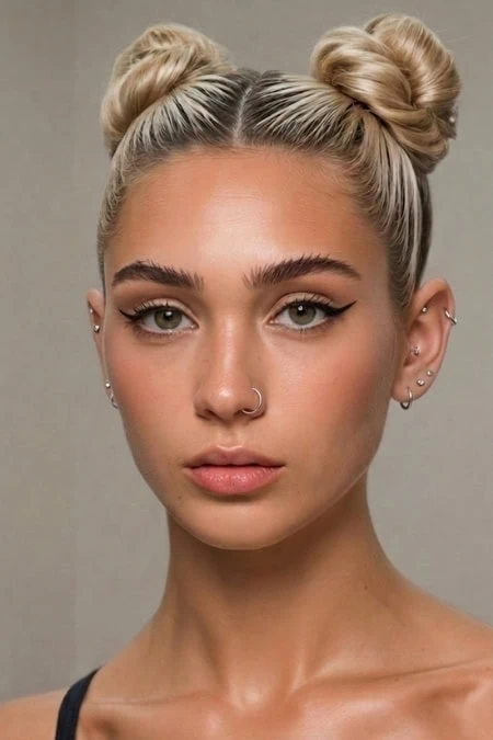 A woman with blonde hair styled in two space buns, wearing makeup with winged eyeliner and natural lips, looking directly at the camera.