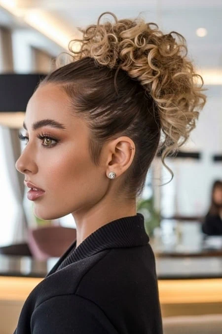 A woman with curly blonde hair styled in a high slick back ponytail hairstyle, wearing elegant makeup and diamond earrings, in a modern, well-lit indoor setting.