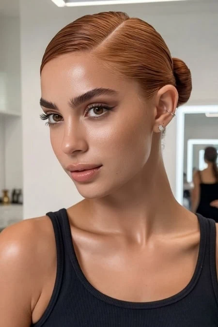 A woman with flawless makeup and sleek, auburn slick back hairstyle in a low bun, wearing a black tank top, in a modern, well-lit beauty or skincare studio setting.