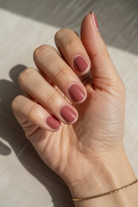 Close-up of a hand with a short nail design, well-manicured nails painted in a muted mauve color, showcasing elegant nail art and healthy skin.