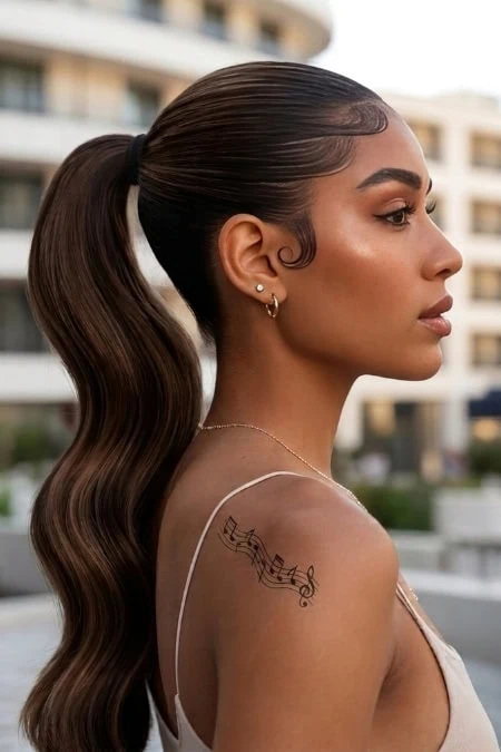 A woman with long, wavy brown hair tied in a high slick back ponytail hairstyle, wearing subtle makeup and gold jewelry, standing outdoors with modern buildings in the background.