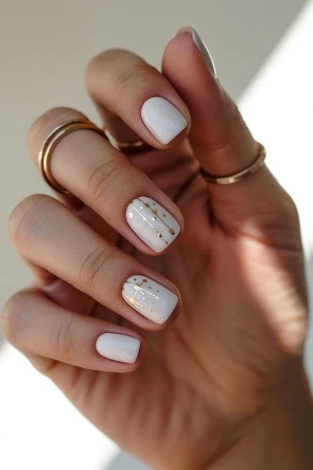 Close-up of a hand with manicure nfeaturing white polish and gold accents.