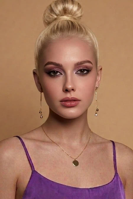 A woman with flawless makeup and a high slick bun hairstyle, wearing a purple spaghetti strap top, gold jewelry including earrings and a necklace, posing against a neutral background.
