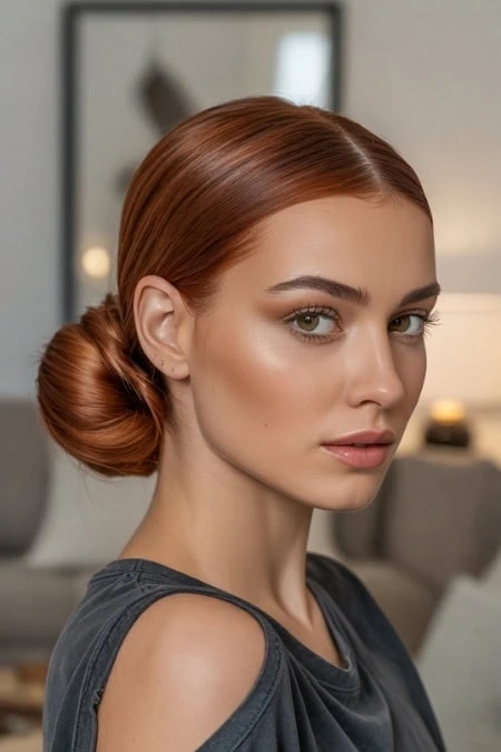A woman with flawless makeup and styled red hair in a modern, cozy living room setting, showcasing beauty and skincare.