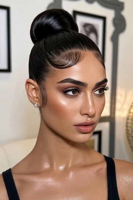Elegant woman with sleek, high slick back bun hairstyle, flawless makeup, and sparkling earrings, showcasing beauty and skincare elegance in a modern interior setting.