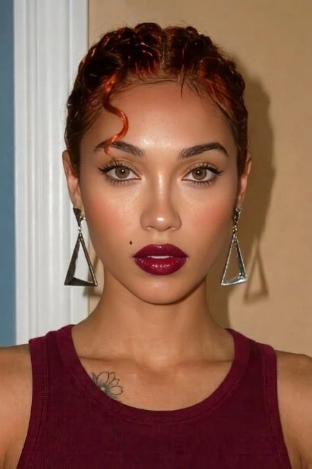 Elegant woman with red curly hair, bold makeup, and geometric earrings, wearing a sleeveless burgundy top, standing indoors with a neutral background, showcasing beauty and fashion style.