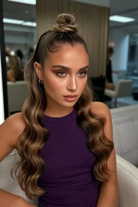 Elegant young woman with long, wavy brunette hair styled in a high bun, wearing a sleeveless purple top, sitting in a modern salon with a focused expression, showcasing beauty and hair styling.