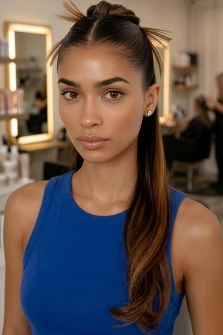 A woman with long brown hair styled in a half-up, half-down look, wearing a blue sleeveless top, in a modern beauty salon with mirrors and salon chairs in the background.