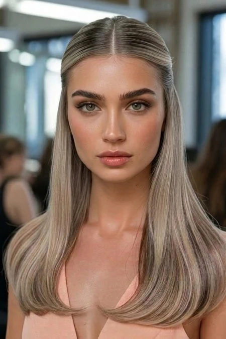 A woman with long, sleek, half up slick back hairstyle that's platinum blonde wearing natural makeup, posing confidently indoors with a blurred background. Perfect for beauty, haircare, and fashion content.