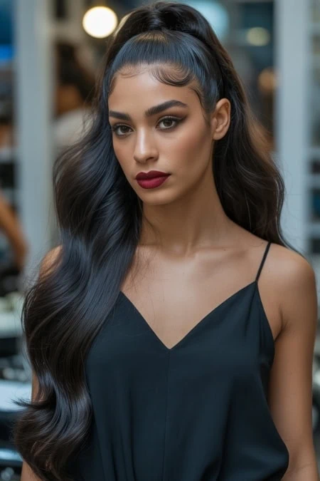Beautiful young woman with long, wavy dark hair and flawless makeup, wearing a stylish black spaghetti strap top, in a modern salon setting, showcasing beauty, hair, and makeup services.