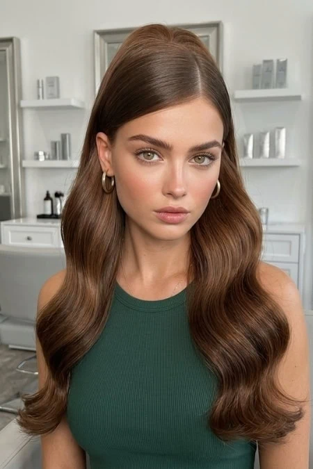 A woman with long, wavy brown hair and natural makeup, wearing a green sleeveless top, in a modern, well-lit skincare or beauty salon with white shelves and skincare products in the background.