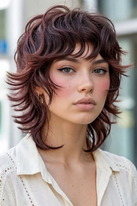 Elegant woman with layered, wavy cherry cola hair color and natural makeup, wearing a white blouse, standing outdoors with a blurred modern building background, showcasing trendy hairstyle and beauty.