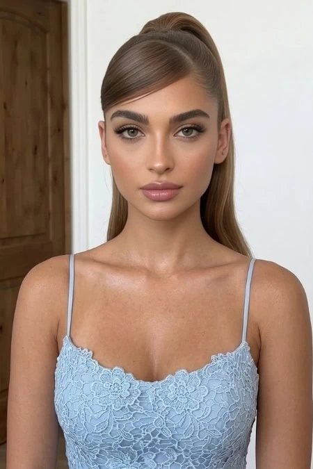 A woman with flawless makeup and styled hair in a slick back ponytail hairstyle wearing a light blue lace camisole, standing indoors with a neutral background, showcasing beauty, skincare, and fashion.