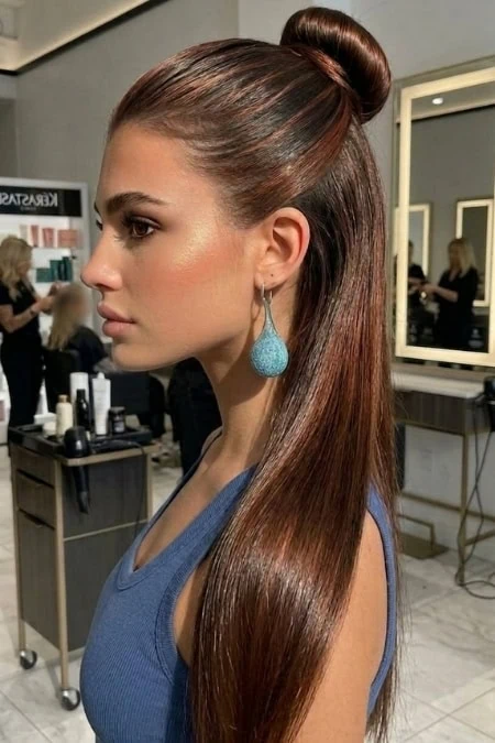 A woman with long, straight, shiny brown hair styled in a slick back sleek half-up bun hairstyle, wearing a blue sleeveless top and large turquoise earrings, in a professional beauty salon setting.
