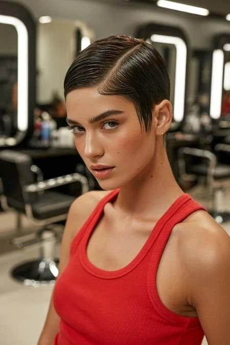 A woman with sleek, short dark hair and flawless makeup, wearing a red tank top, in a modern hair salon with styling chairs and mirrors in the background.