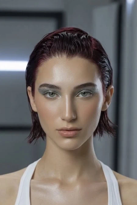 A woman with sleek, wet-look dark red hair and bold makeup, featuring metallic eyeshadow and nude lips, in a modern, professional setting. Perfect for beauty, skincare, and makeup themes.