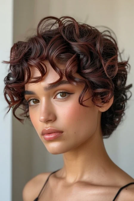 A vibrant portrait of a young woman with short, curly, cherry cola brown hair styled in voluminous ringlets, showcasing a modern and trendy hairstyle perfect for beauty and hair styling content.