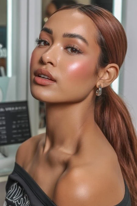 Bright, confident woman with flawless skin and natural makeup, showcasing beauty and skincare in a modern setting, emphasizing elegance, self-care, and healthy glow for beauty blog imagery.