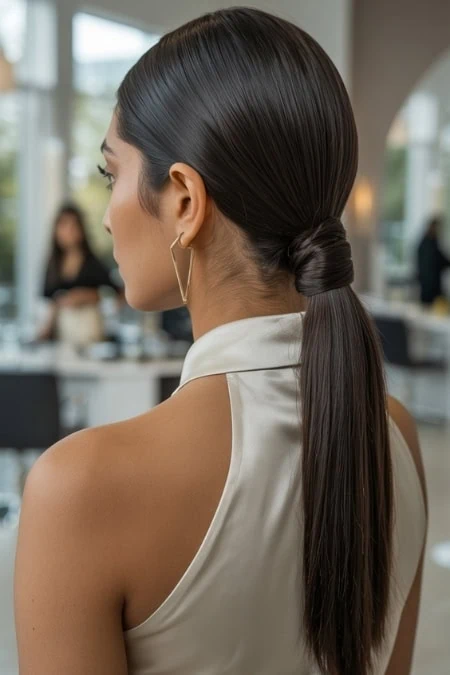 A woman with long, sleek, dark slick back hairstyle in a low ponytail, wearing a satin sleeveless top and hoop earrings, sitting in a modern, well-lit salon or beauty studio.